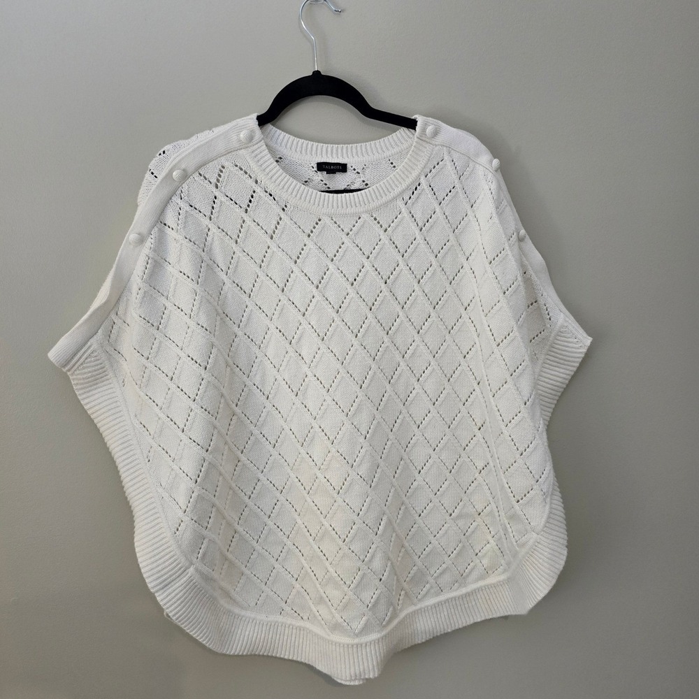 Talbots White Diamond Knit Poncho Sweater Button Shoulder Coastal Preppy M